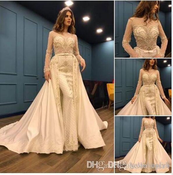 vintage luxury long sleeves mermaid wedding dresses detachable skirt train 2019 satin vestido de casamento wedding gowns butterflies 2019, White
vintage luxury long sleeves mermaid wedding dresses detachable skirt train 2019 satin vestido de casamento wedding gowns butterflies 2019, White