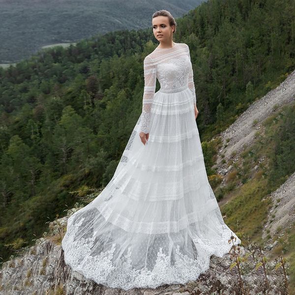 2019 elegant long sleeve o neck lace applique a line boho wedding dresses country style bohemian bridal gowns, White
2019 elegant long sleeve o neck lace applique a line boho wedding dresses country style bohemian bridal gowns, White
