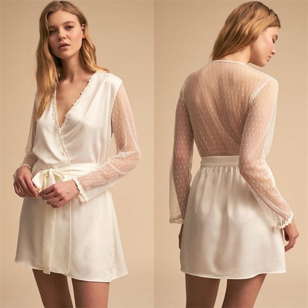 a line women bath robes v neck long sleeve dot satin silk ribbon sash lace bridal robe knee length bath robe custom made, White;pink
a line women bath robes v neck long sleeve dot satin silk ribbon sash lace bridal robe knee length bath robe custom made, White;pink