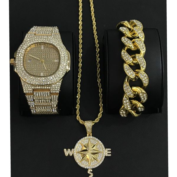 luxury hip hop diamond watch men jewelry stylish watch & bracelet & necklace &combo set compass pendant ice out cuban bracelet, Slivery;brown
luxury hip hop diamond watch men jewelry stylish watch & bracelet & necklace &combo set compass pendant ice out cuban bracelet, Slivery;brown