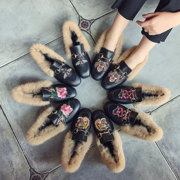 autumn and winter woolen shoes plus lazy shoes casual students flat bottom rabbit fur peas square head women shoes z1, Black