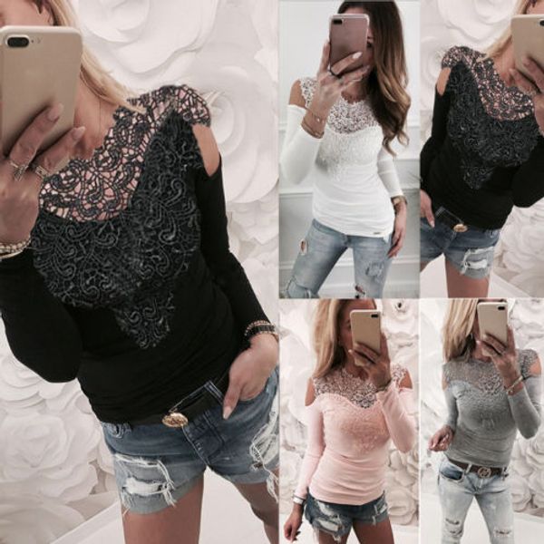 women's blouses & shirts women long sleeve blouse lace mesh stitching shirt hollow out solid cold shoulder, White
women's blouses & shirts women long sleeve blouse lace mesh stitching shirt hollow out solid cold shoulder, White