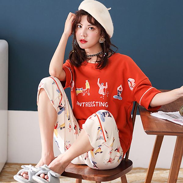 pajamas women's summer short sleeve cotton thin summer korean cute women's casual home service set, Black;red
pajamas women's summer short sleeve cotton thin summer korean cute women's casual home service set, Black;red