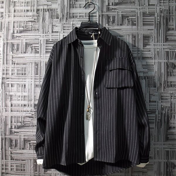 men summer fashion japan vintage style stripe turn down collar simple cool chest pockets shirts male casual streetwear top, White;black
men summer fashion japan vintage style stripe turn down collar simple cool chest pockets shirts male casual streetwear top, White;black