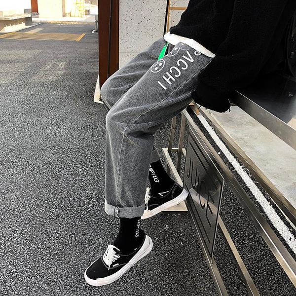 2020 autumn new handsome cool ins korean version to send belt men's smile print straight jeans casual hip hop streetwear, Blue
2020 autumn new handsome cool ins korean version to send belt men's smile print straight jeans casual hip hop streetwear, Blue