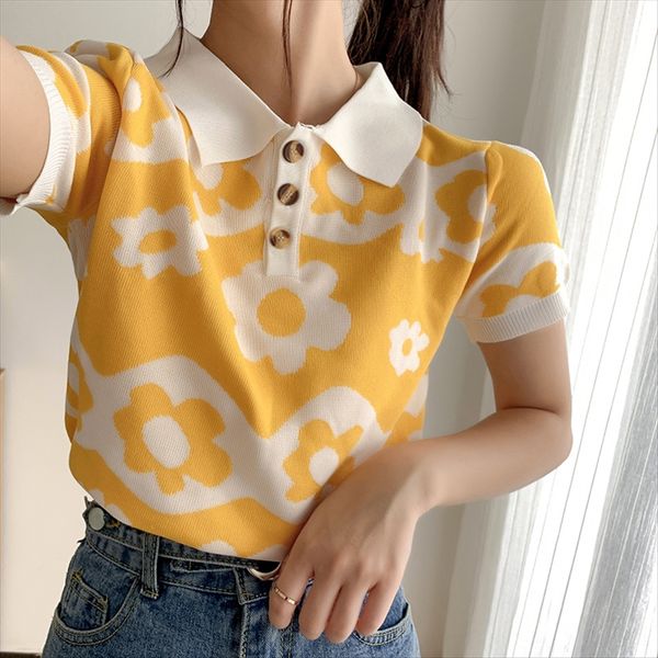 2020 small t- knitted knitwear flower lapel polo shirt short sleeve knitwear contrast color t-shirt female loose student summer, White
2020 small t- knitted knitwear flower lapel polo shirt short sleeve knitwear contrast color t-shirt female loose student summer, White
