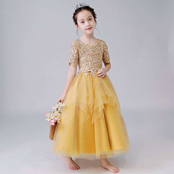 

2019 new girls gold evening dress princess dress long skirt fluffy yarn children's wedding show catwalk small host piano costume, Red;yellow