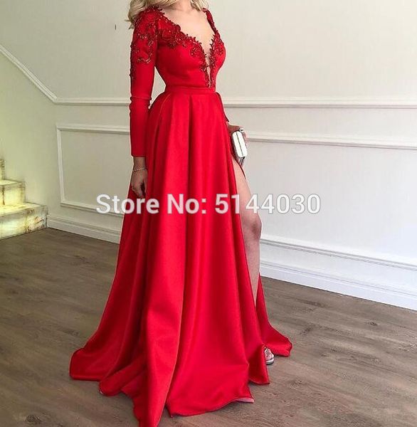 long sleeve red evening dresses 2019 deep v neck applique beaded side slit evening gown party gowns prom dresses, White;black
long sleeve red evening dresses 2019 deep v neck applique beaded side slit evening gown party gowns prom dresses, White;black