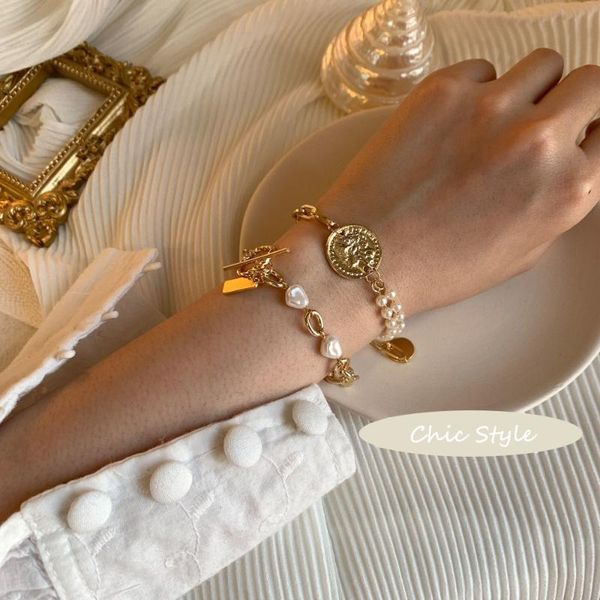 new gold metal human face head coin vintage irregular pearls link chain bracelets for women girl party bangle, Black
new gold metal human face head coin vintage irregular pearls link chain bracelets for women girl party bangle, Black