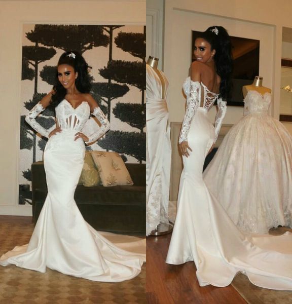 2020 mermaid wedding dresses sweetheart lace appliques detachable long sleeves wedding dress satin custom made vestidos de novia, White
2020 mermaid wedding dresses sweetheart lace appliques detachable long sleeves wedding dress satin custom made vestidos de novia, White