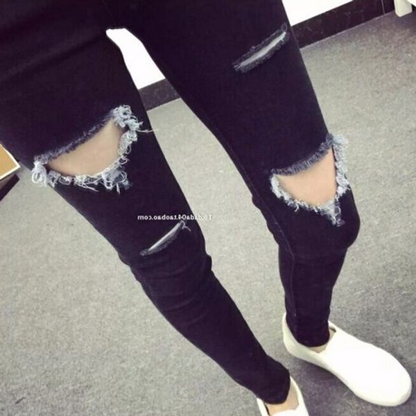 2020 spring summer the new women's south korea show thin loose black hole jeans female foot trousers, Blue
2020 spring summer the new women's south korea show thin loose black hole jeans female foot trousers, Blue