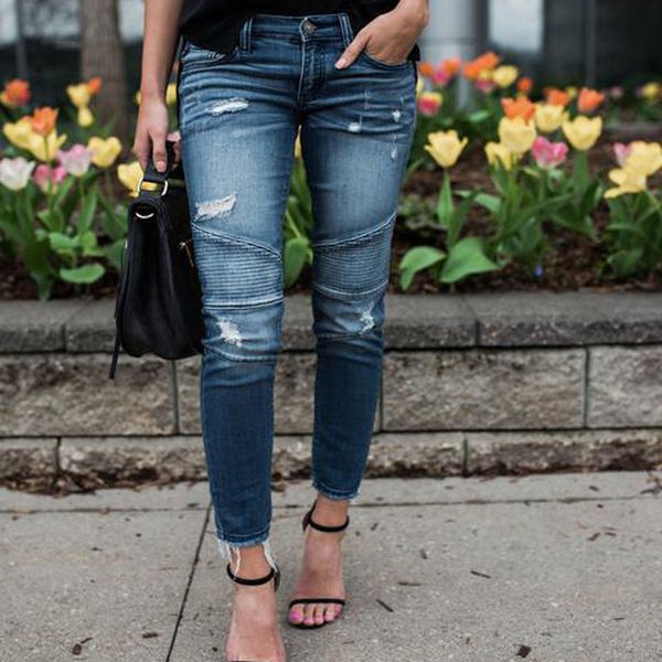 

aprilgrass бренд дизайнер женщины весна джинсовые узкие высокая талия модные брюки рваные разрушенные плиссированные стрейч джинсы тонкий ка, Blue