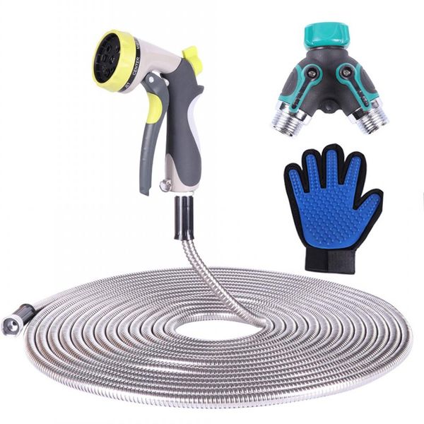 304 stainless steel hose metal garden hose with spray nozzle, 2-way connector, work glove for gardening, durable and easy
304 stainless steel hose metal garden hose with spray nozzle, 2-way connector, work glove for gardening, durable and easy