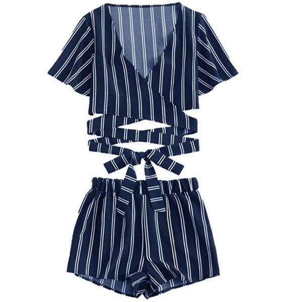 women fashion backless v-neck lace short camis stripe women sets summer plus size beach causal 2 piece set #sa, White