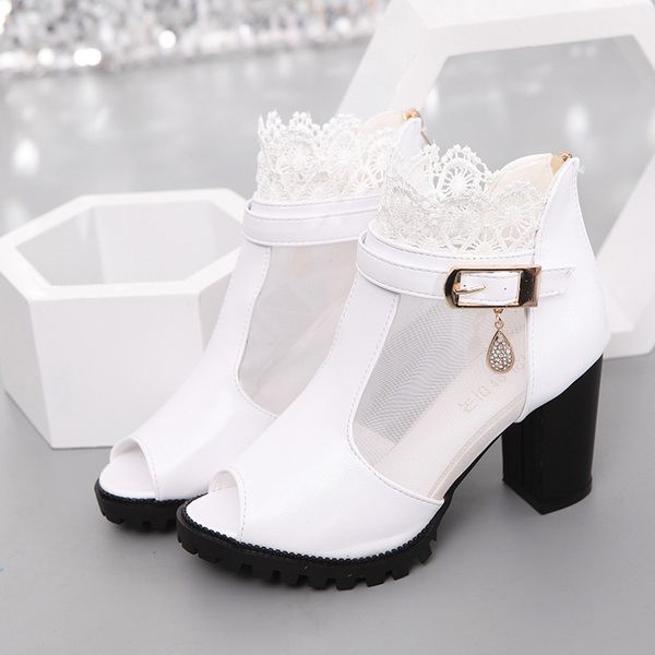 2019 new fashion fish mouth female sandals elegant lace mesh openwork chunky heel shoes, Black
2019 new fashion fish mouth female sandals elegant lace mesh openwork chunky heel shoes, Black