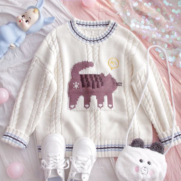 autumn winter sweater young girl pullover loose cute cat jacquard student soft sister round collar long sleeve mori girl, White;black
autumn winter sweater young girl pullover loose cute cat jacquard student soft sister round collar long sleeve mori girl, White;black