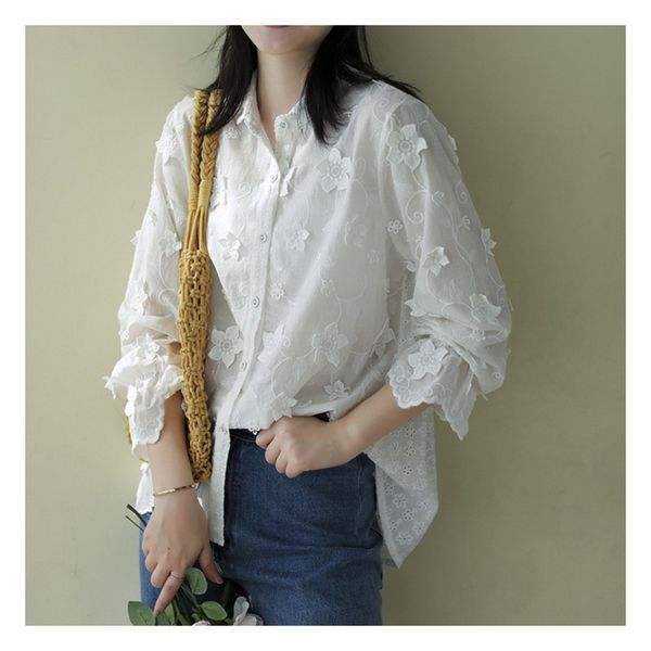 hopeful spring floral stitch lolita white cotton long sleeve shirt blouse 3244-yp