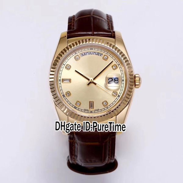 trf 36mm daydate 118135 eta a2836 automatic mens watch fluted 18k yellow gold plated gold dial diamond markes brown leather puretime tr-b2, Slivery;brown
trf 36mm daydate 118135 eta a2836 automatic mens watch fluted 18k yellow gold plated gold dial diamond markes brown leather puretime tr-b2, Slivery;brown