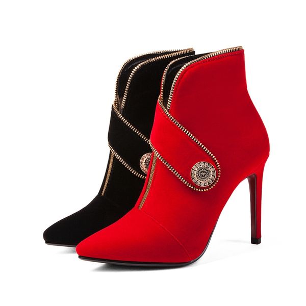 women winter ankle boots fashion pointed toe flock red shoes female zip crystal booties ladies wedding party thin heels shoes, Black
women winter ankle boots fashion pointed toe flock red shoes female zip crystal booties ladies wedding party thin heels shoes, Black
