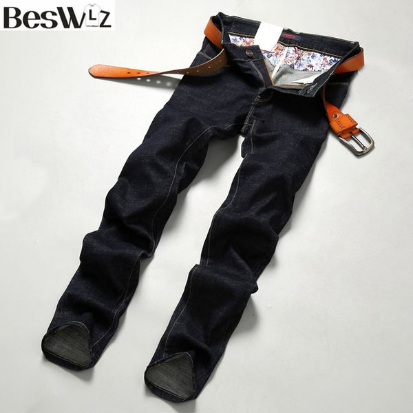 

beswlz brand men denim jeans straight slim male cowboy jeans pants classical casual style men black plus size 9525, Blue