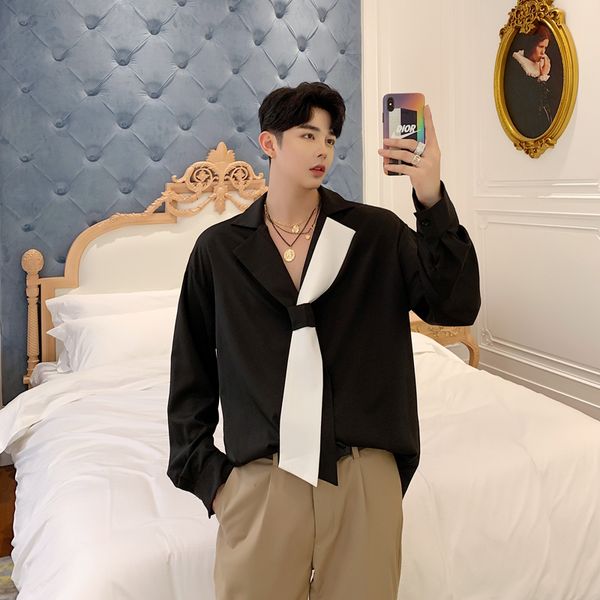 stage show clothes men long sleeve loose splice tie collar casual shirt male streetwear hip hop party dress shirts, White;black
stage show clothes men long sleeve loose splice tie collar casual shirt male streetwear hip hop party dress shirts, White;black
