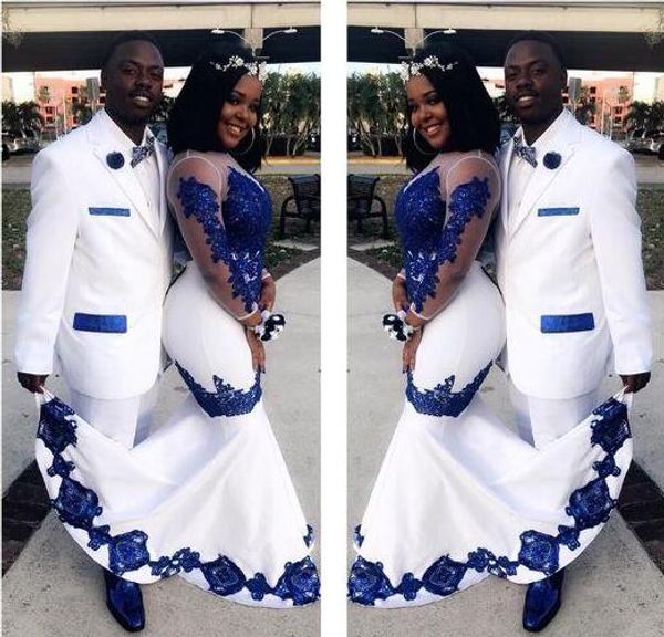 new white satin royal blue lace aso ebi african prom dresses long illusion sleeves applique evening formal gowns pageant celebrity dress, Black
new white satin royal blue lace aso ebi african prom dresses long illusion sleeves applique evening formal gowns pageant celebrity dress, Black