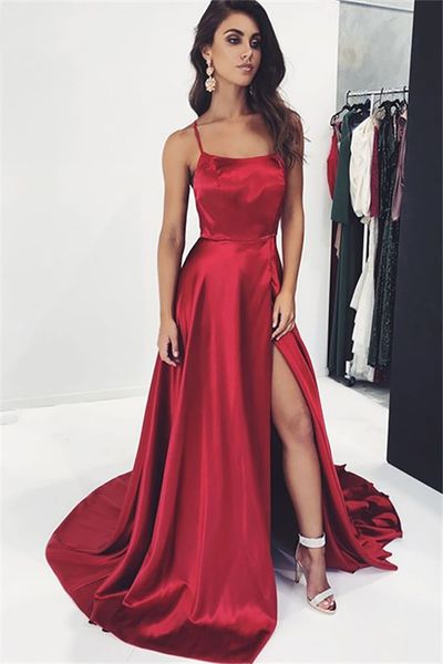 red long prom dresses simple a line prom gown high slit spaghetti straps cross back evening dress, Black;red
red long prom dresses simple a line prom gown high slit spaghetti straps cross back evening dress, Black;red