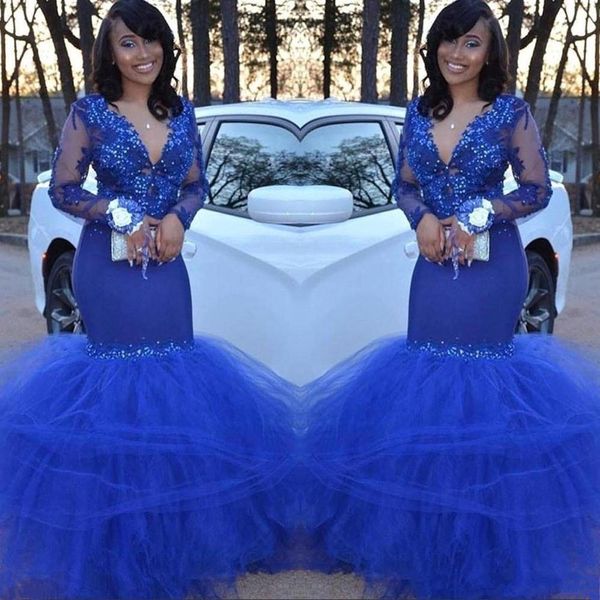 2020 royal blue v neck tulle mermaid prom dresses black girls applique beaded satin sweep train formal party evening dress
2020 royal blue v neck tulle mermaid prom dresses black girls applique beaded satin sweep train formal party evening dress