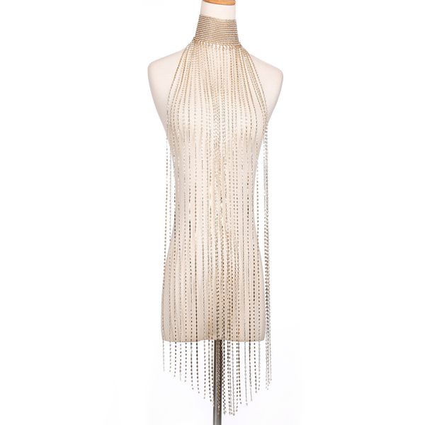 

high quality fashion sexy super glittering full rhinestone long tassel dress body chain jewelry for night clubs parties gold silver