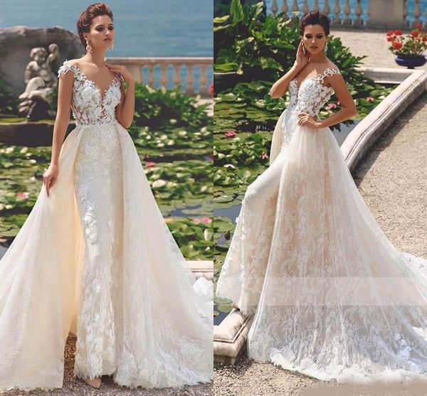 2020 modern lace mermaid wedding dresses with detachable skirt sxy sheer cap sleeve scoop neck appliqued long summer boho bridal gowns, White
2020 modern lace mermaid wedding dresses with detachable skirt sxy sheer cap sleeve scoop neck appliqued long summer boho bridal gowns, White