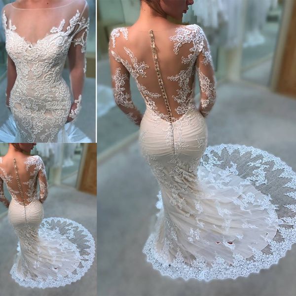2019 new arrival gorgeous crew long sleeves mermaid wedding dress lace appliques covered button zipper bridal gowns, White
2019 new arrival gorgeous crew long sleeves mermaid wedding dress lace appliques covered button zipper bridal gowns, White