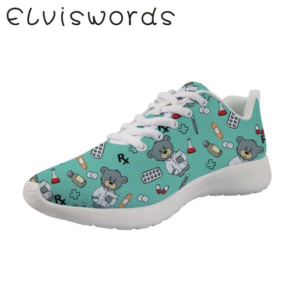 elviswords cartoon nurse bear print pattern women flat casual sneakers breathable ladies comfirtable lace up shoes scarpe donna, Black