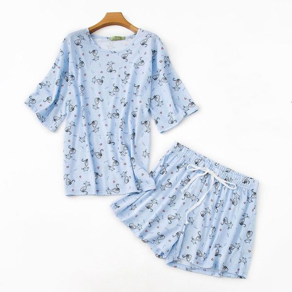 2019 summer female casual cartoon pajama sets ladies 100% cotton sleepwear suit women short sleeve round collar t shirt & shorts, Blue;gray
2019 summer female casual cartoon pajama sets ladies 100% cotton sleepwear suit women short sleeve round collar t shirt & shorts, Blue;gray
