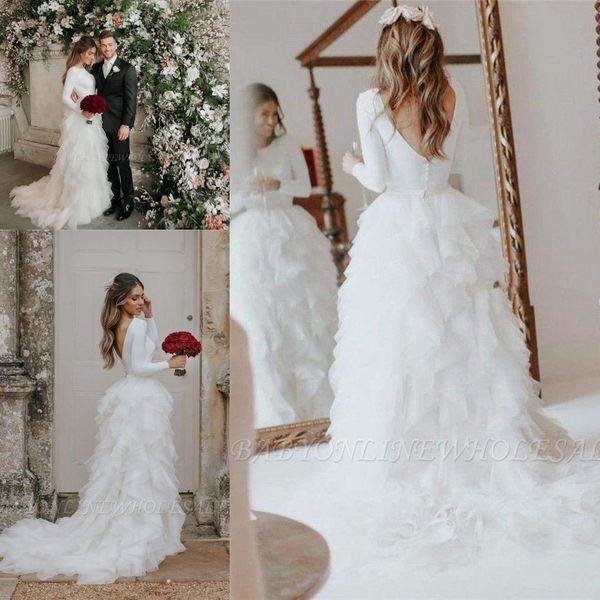 modern 2020 new designed a line backless wedding dresses vintage long sleeve backless tier ruffles long train bridal robe de soriee bc2695, White
modern 2020 new designed a line backless wedding dresses vintage long sleeve backless tier ruffles long train bridal robe de soriee bc2695, White