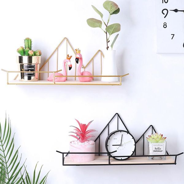 2pcs Wooden Metal Shelf Hexagon Design Wall-mounted Shelves Wall Storage Rack