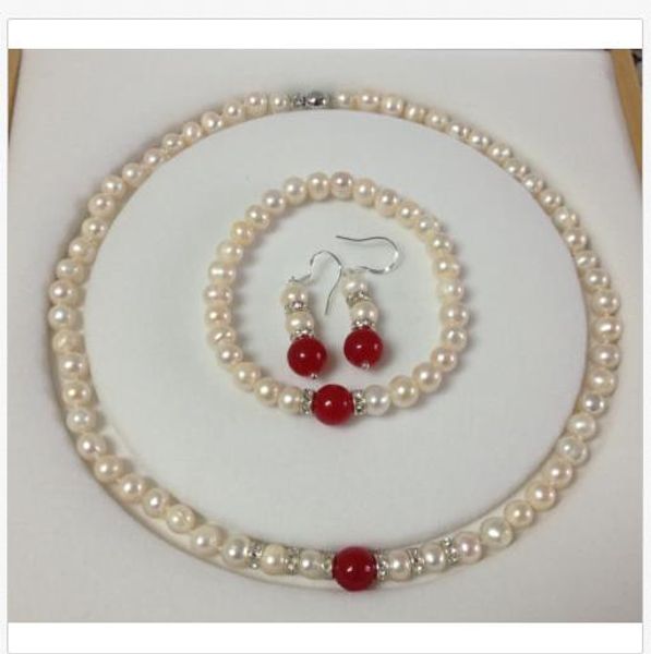 7-8mm white akoya cultured pearl/red jade bracelets necklace earrings set a026, Silver
7-8mm white akoya cultured pearl/red jade bracelets necklace earrings set a026, Silver