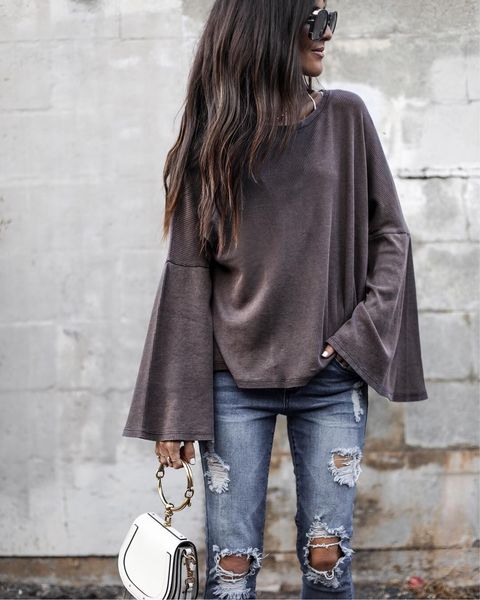 48ld8229 women's knits autumn crew neck long flare sleeve trumpet sleeve t-shirt fashion casual outwear, White
48ld8229 women's knits autumn crew neck long flare sleeve trumpet sleeve t-shirt fashion casual outwear, White