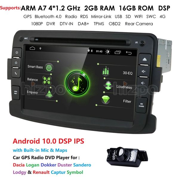 

android 10.0 gps navigator 2g+16g car dvd for duster dacia logan sandero xray central cassette player dvr rds dsp ips bt