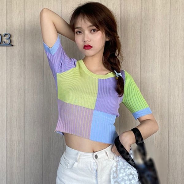 women knitted t-shirts summer short sleeve patchwork korean style slim fit o-neck tees ladies casual sweet t-shirts, White
women knitted t-shirts summer short sleeve patchwork korean style slim fit o-neck tees ladies casual sweet t-shirts, White