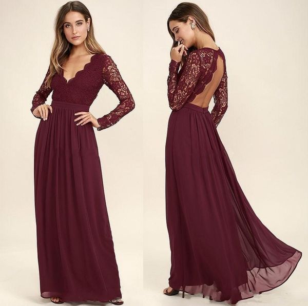 burgundy lace chiffon bridesmaid dresses long sleeves western country style v neck-backless long beach wedding party dresses, White;pink
burgundy lace chiffon bridesmaid dresses long sleeves western country style v neck-backless long beach wedding party dresses, White;pink