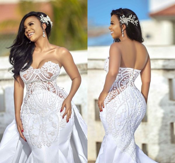 luxury lace appliqued strapless mermaid wedding dress with detachable train african black girl sweep train plus size bridal gown, White
luxury lace appliqued strapless mermaid wedding dress with detachable train african black girl sweep train plus size bridal gown, White