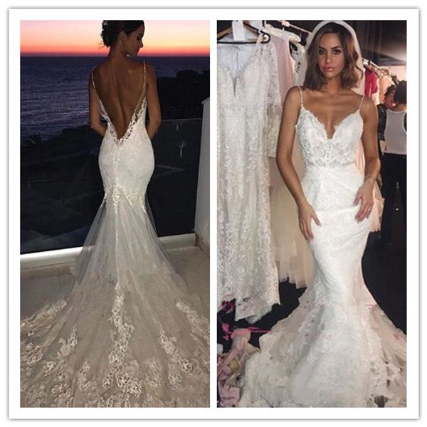 2019 spaghetti straps lace mermaid wedding dresses backless sweep train summer beach wedding bridal gowns h061, White
2019 spaghetti straps lace mermaid wedding dresses backless sweep train summer beach wedding bridal gowns h061, White