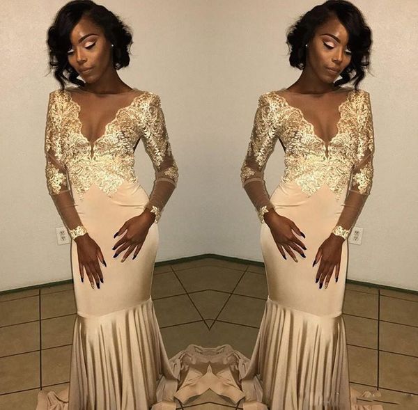 illusion v neck mermaid prom dresses gold appliques long sleeve evening party dress formal wear, Black
illusion v neck mermaid prom dresses gold appliques long sleeve evening party dress formal wear, Black