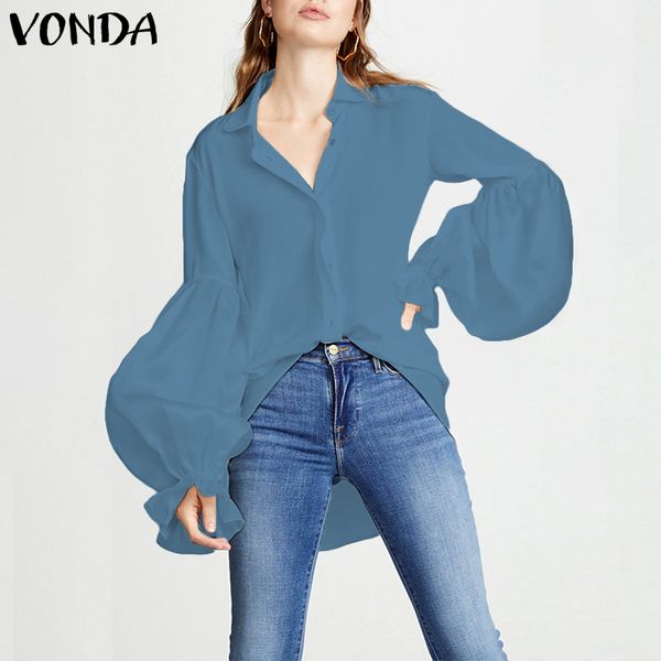 

vonda blouse women shirt 2019 spring irregular hem lapel neck long lantern sleeve ol shirt casual plus size blusas, White