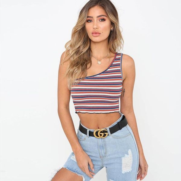 print crop casual panelled contrast color tanks women clothing women designer one-shoulder tanks fashion striped, White
print crop casual panelled contrast color tanks women clothing women designer one-shoulder tanks fashion striped, White