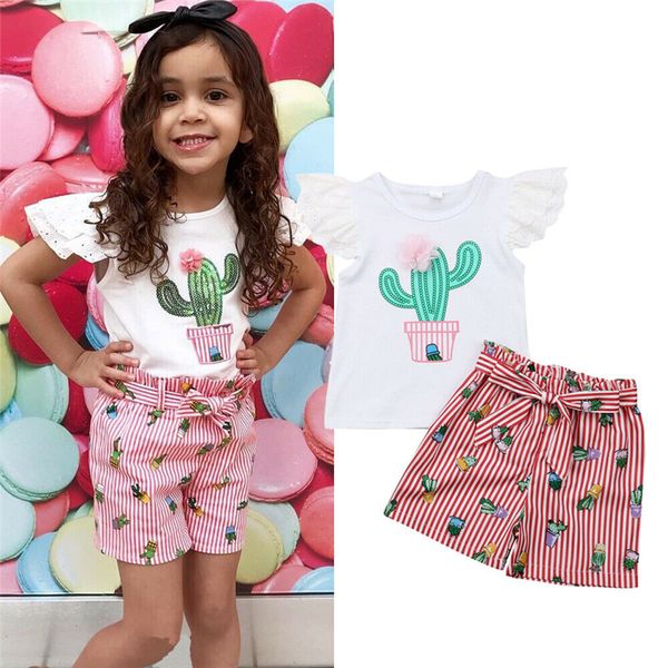 summer two pieces set toddler baby girl clothes lace cactus flower t shirt belt stripe shorts pants baby kids clothes outfit, White 
summer two pieces set toddler baby girl clothes lace cactus flower t shirt belt stripe shorts pants baby kids clothes outfit, White