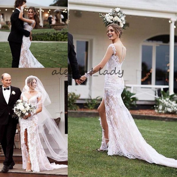see through boho country mermaid wedding dresses 2019 lace appliques long sleeves mariage bridal gowns with front slit robe de mariage, White
see through boho country mermaid wedding dresses 2019 lace appliques long sleeves mariage bridal gowns with front slit robe de mariage, White