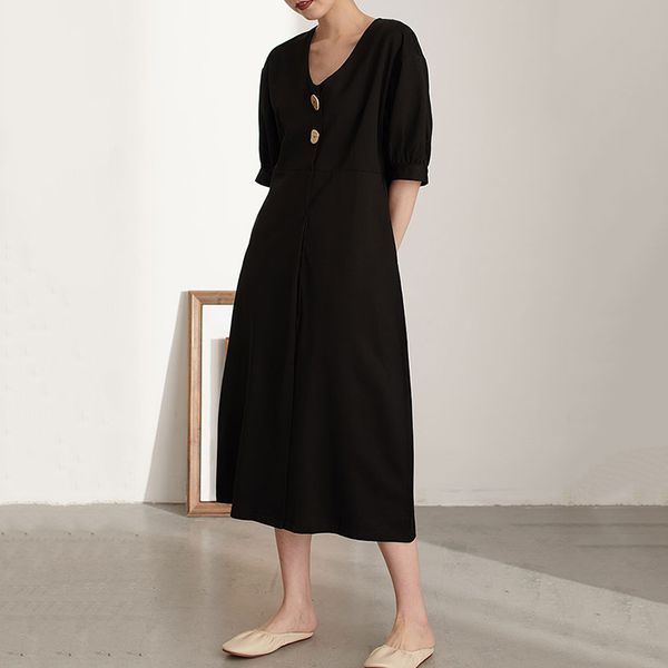 2019 new spring summer v- neck short sleeve black button split joint loose brief temperament dress women fashion a887, Black;gray
2019 new spring summer v- neck short sleeve black button split joint loose brief temperament dress women fashion a887, Black;gray