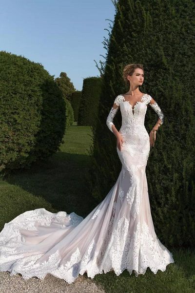 2019 new fashion slim lace applique bridal gowns wedding dresses garden vestidos sheer illusion long sleeves covered buttons chapel train, White
2019 new fashion slim lace applique bridal gowns wedding dresses garden vestidos sheer illusion long sleeves covered buttons chapel train, White