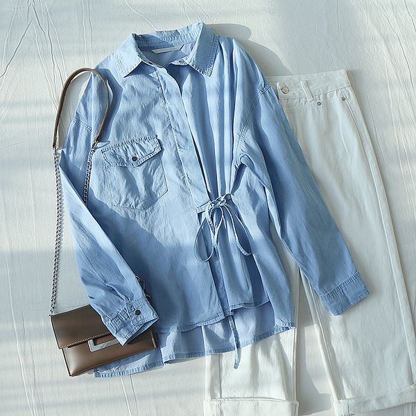 women autumn loose long sleeve strap tie design light blue denim shirts womens and blouses, White
women autumn loose long sleeve strap tie design light blue denim shirts womens and blouses, White